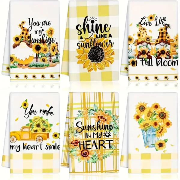 6Pcs Modern Sunflower-Themed Microfiber Dish Cloths & Towels Set