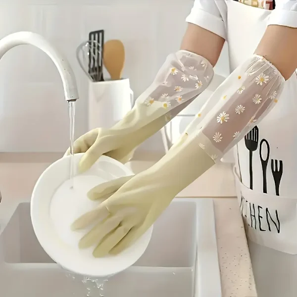 1 Pair Floral Pattern Long-Sleeve Waterproof PVC Cleaning Gloves