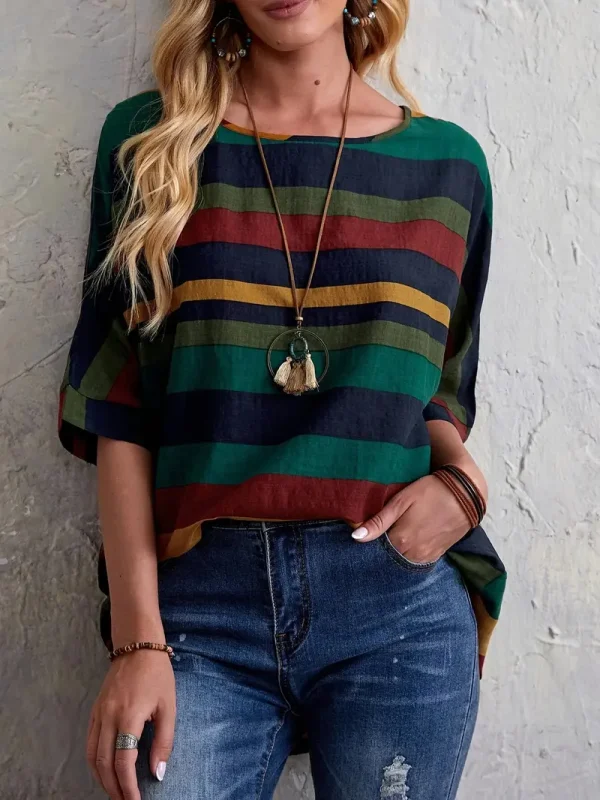 Colorblock Crew Neck Loose Blouse