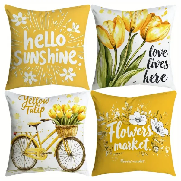 4pcs Yellow Tulip Bicycle Letter Throw Pillow Covers