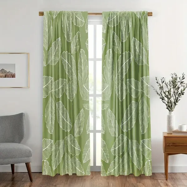 2pcs White Leaf Print Curtains