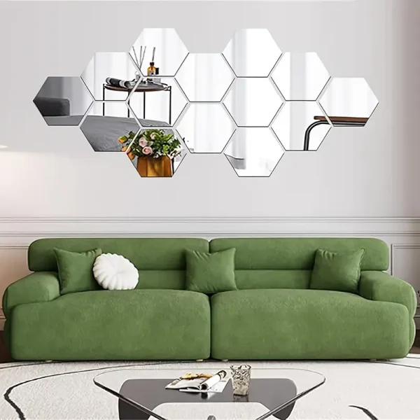 12pcs Silvery Acrylic Hexagon Mirror Wall Decals