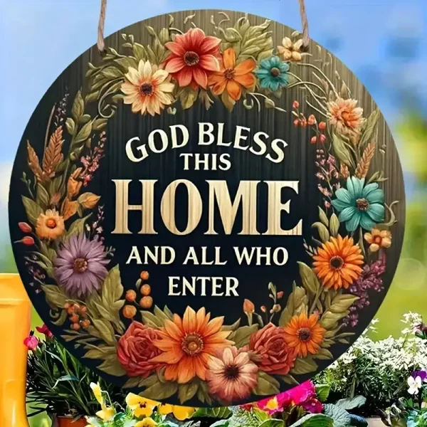 1pc "God Bless This Home" Floral Wreath Wooden Welcome Sign