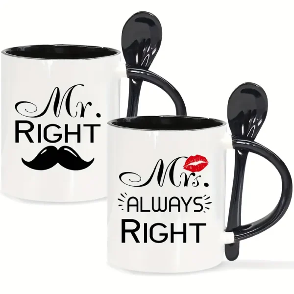 Mr. Right & Mrs. Always Right Ceramic Coffee Mugs Set with Spoons