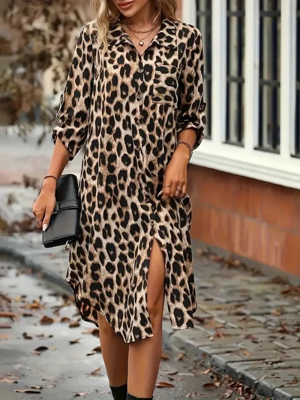 Leopard Print Button Front Shirt Dress