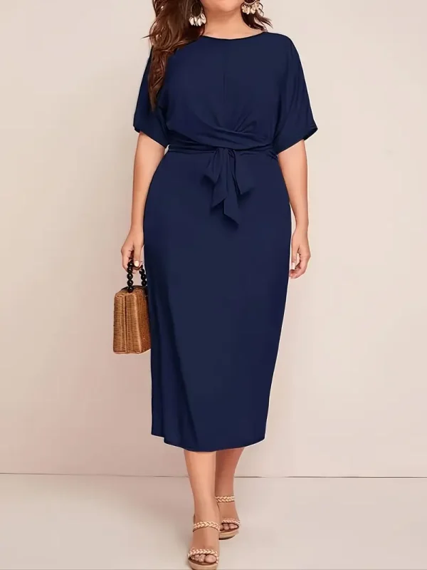 Solid Tie Waist Elegant Dress