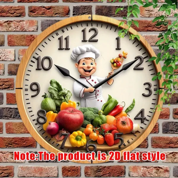 2D Flat, Chef-Themed 20.32x20.32cm Round Wall Clock