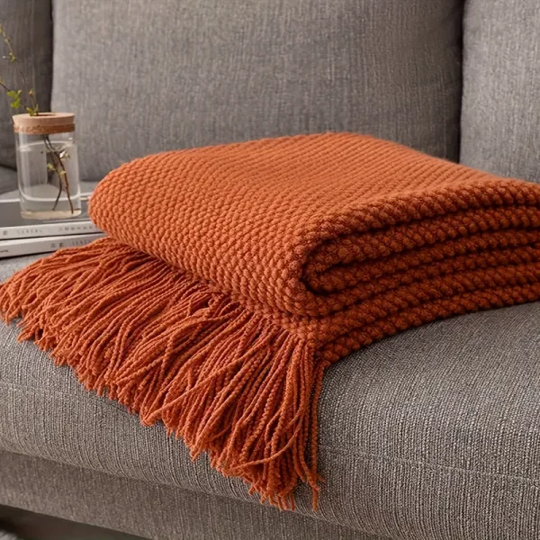 1pc Orange Tassel Knitted Blanket