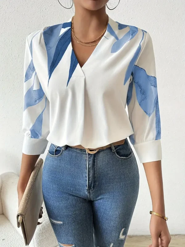 Leaves Print V-neck Blouse