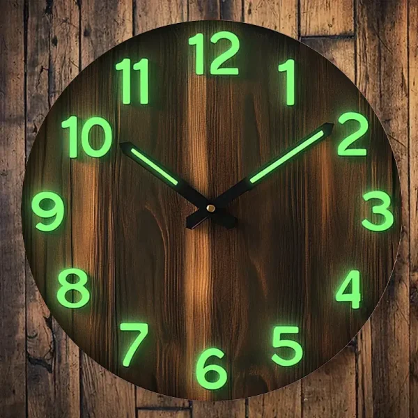 Glow-in-the-Dark Wooden Wall Clock with Green Numbers