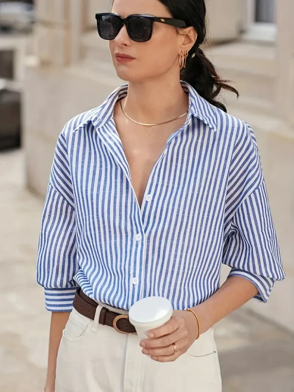 Print Striped Longline Shirt with Drop Shoulders