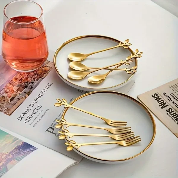 10pcs, Golden Stainless Steel Cherry Blossom Spoons And Forks