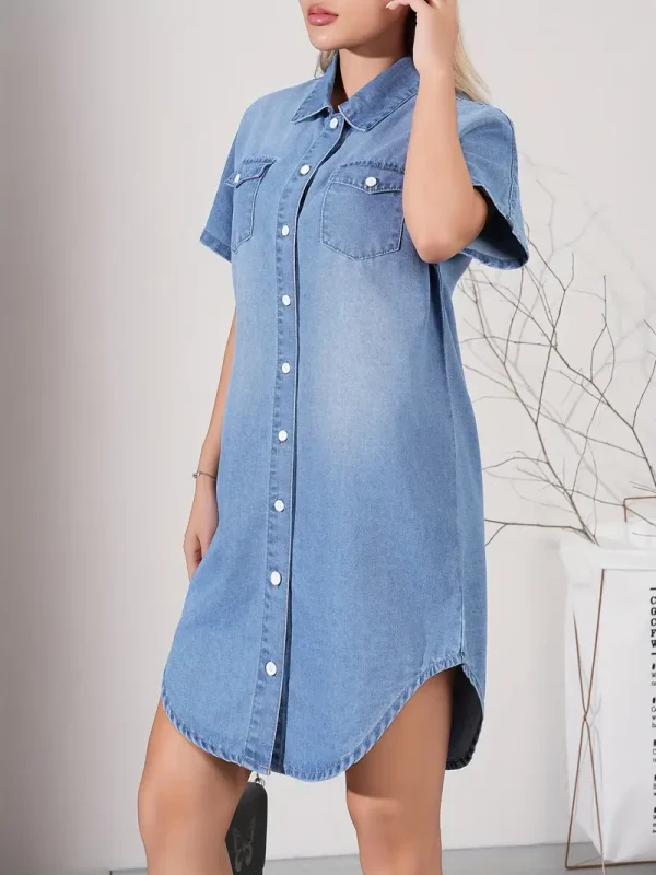 Plain Washed Blue Button Up Flap Pocket Short Sleeve Causal Denim Shirt