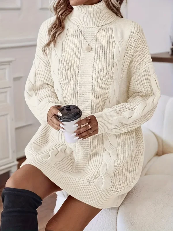 Cozy Cream Cable-Knit High Neck Dress