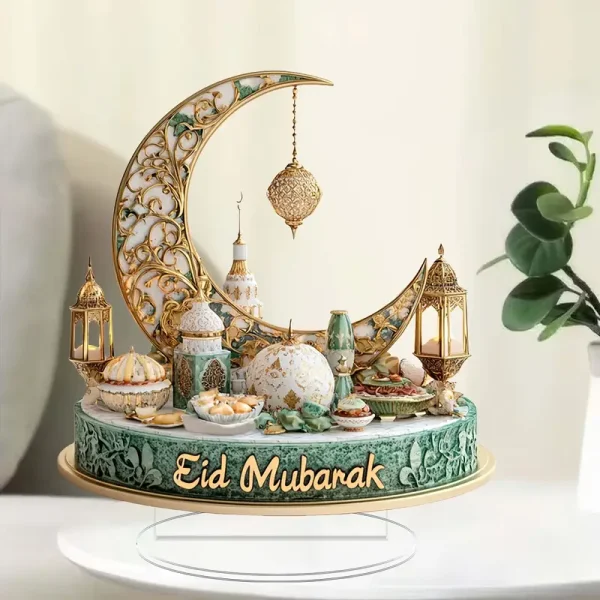 Elegant 2D Acrylic Eid Mubarak Crescent Moon & Lantern Tabletop Decor