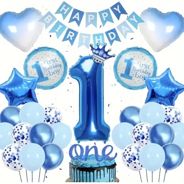 Blue & White Mixed Color Balloon Set for Boys 1st Birthday