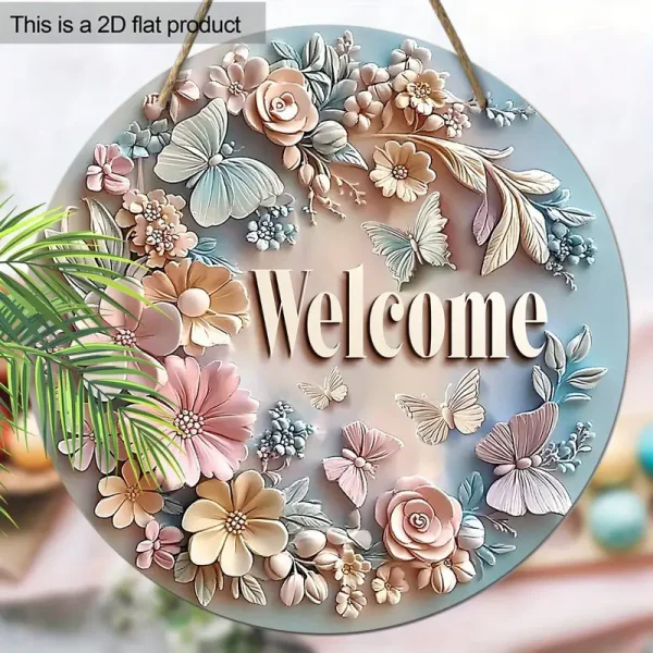 Spring Welcome Wooden Wreath with Pink & Yellow Floral Gradient Butterfly Design