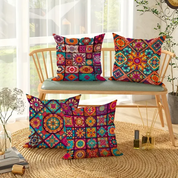 4pcs set of vibrant mandala and checkered cushion covers