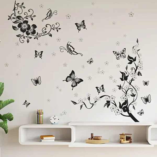 1pc Elegant Black & White Floral & Butterfly Wall Decal