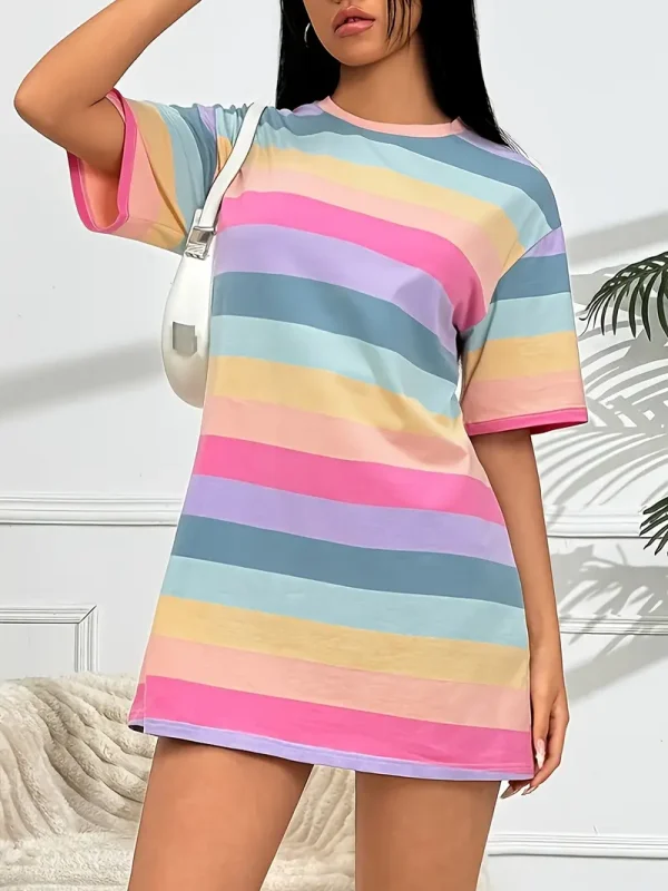 Women's Colorful Striped Drop Shoulder Casual T-Shirt Dress