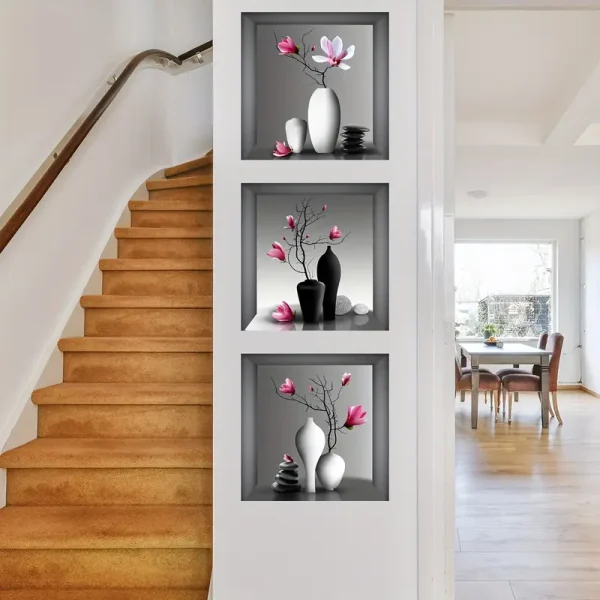 3D effect vase flower pot triptych wall stickers