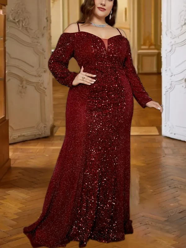 V-Neck Long Sleeve Sequin Formal Evening Gown - Elegant Bodycon Mermaid Dress