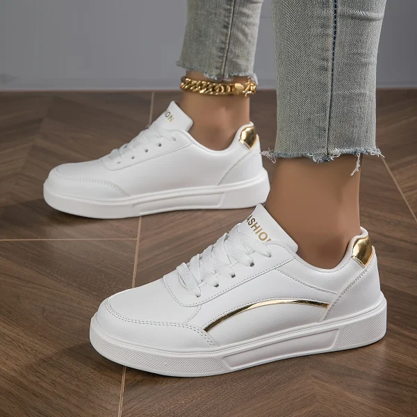 Women'S Stylish White Sneakers with Golden Accents - Image 2