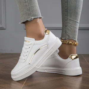 Women'S Stylish White Sneakers with Golden Accents