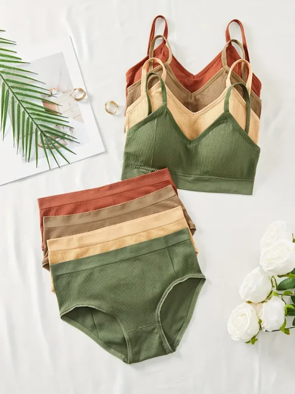4 Sets Sexy Ribbed Bralette And High Waisted Panty Set