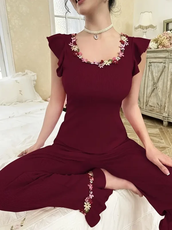 Simple Sweet Fashion Square Neck Embroidered Colorful Small Flower Top and Pants