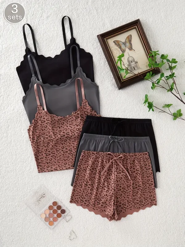 6pcs Women'S Pajama Set with Leopard Print & Solid Colors