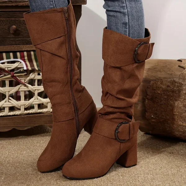 Women'S Buckle Pleated Knee-High Boots