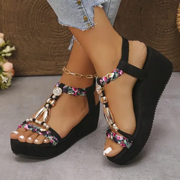 Women'S Bohemian Style Gemstone Embellished Wedge Sandals