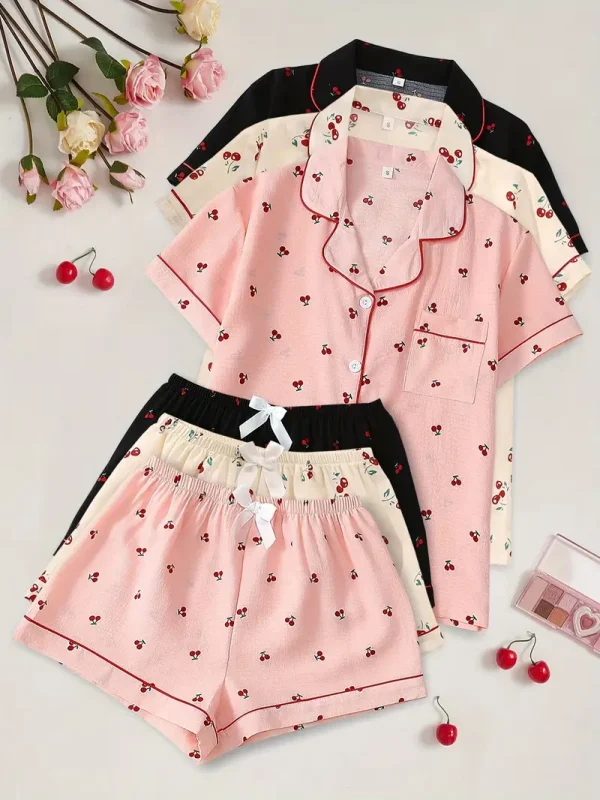 Cherry Blossom Women's 3pcs Set Summer Casual Short Sleeve Shorts Pajama Set