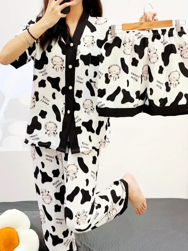 3pcs Summer Cartoon Cow Pattern Women's Pajamas