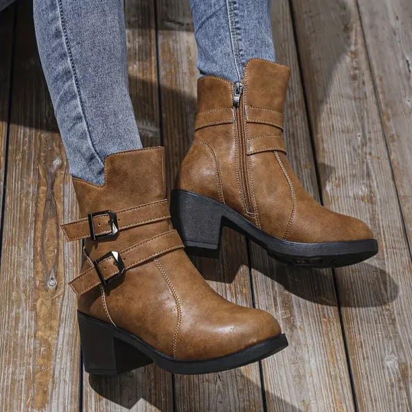 Women's Chic Brown Ankle Boots with Buckle Strap